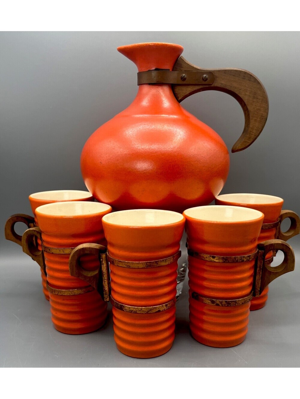 Vintage Red Wing Pottery #565 Coffee Carafe Pitcher 5 Tumblers MCM Orange Wood
